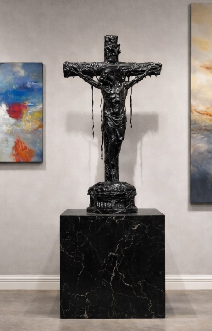 42.5”, TAR WORK SERIES - CRUCIFIXION SCENE - An early black-tar crucifix by Italian-Los Angeles artist Mattia Biagi, from the Elton John Atlanta / Peachtree Road estate. Mixed media resin/fiberglass with proprietary tar mix, 42.5 inches high. by Mattia Biagi (Italy, born 1974)